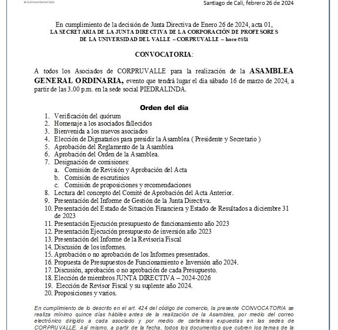 MAR 16 – Asamblea General Ordinaria